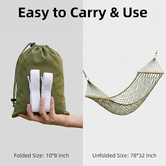 Portable Camping Hammock 79"x32" Anti-Rollover Mesh Hammock with Wooden Spreader Bar, Lightweight Hanging Hammock for Backyard Patio Travel Indoor Outdoor, White/Brown/Army Green
