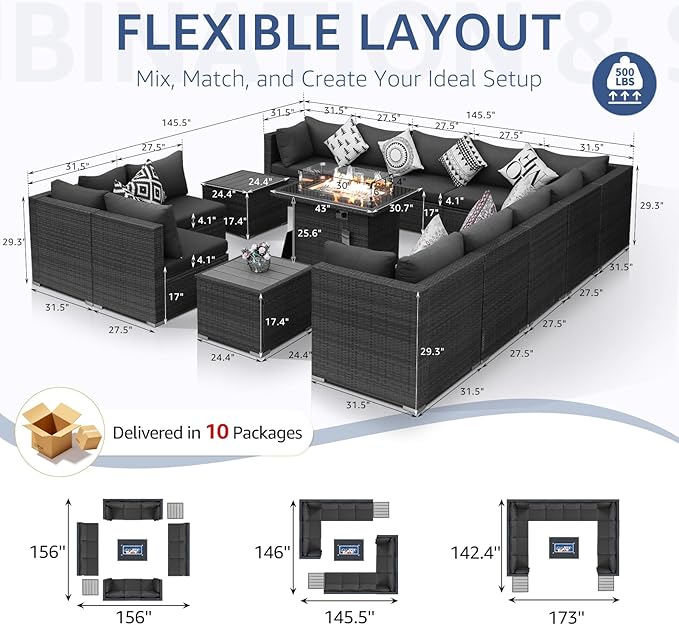 NICESOUL 15 Piece Outdoor Patio Furniture Set with Fire Pit, Extra Large Wide Outdoor Deep Seated Sectional, Cozy 29.3'' High-Back Modular Couch, 500 Lbs High Weight Capacity Wicker Sofa, Dark Gray