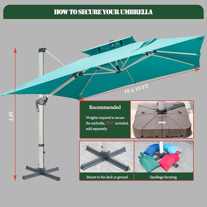 Cantilever Patio Umbrella with Cross Base and Cover Included - 360° Rotation Large Heavy Duty Offset Outdoor Umbrella with Easy Tilt for Pool Backyard Deck Garden (10x10 FT Turquoise Blue)