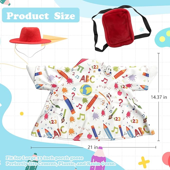 Porch Goose Outfits Back to School: Funny Hat Pencil Red Backpack Lawn Goose Clothes Fits 23 Inch Cement Plastic Statue for School Classroom Outdoor Garden