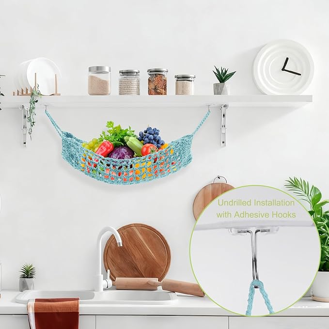 Macrame Fruit Hammock 1 Pack Cotton Fruit Holder Net Under Cabinet Veggie Storage Space Saving Kitchen Decor with Hooks (Light Blue)