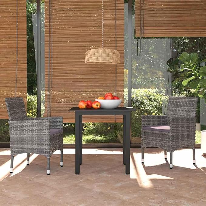3 Piece Patio Dining Set, Grey PE Rattan Outdoor Bistro Set with Square Glass Top Table and 2 Cushioned Chairs for Garden, Balcony, Backyard and Terrace, Space Saving