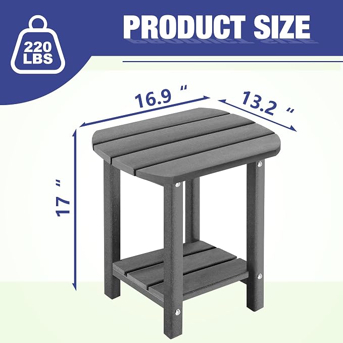 LZRS 2-Tier Patio Side Table, Heavy Duty HDPE Outdoor End Table with Wood Texture, Weatherproof Composite Table for Adirondack Chairs, Deck, Pool, Indoor/Outdoor, No Peeling Cracking(Grey)