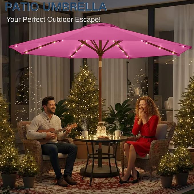 9' Solar LED Patio Umbrella with Tilt & Crank|8 Sturdy Ribs,UV Protection,Outdoor Market Table Umbrella for Deck,Lawn,Pool,Backyard(Rose Pink)