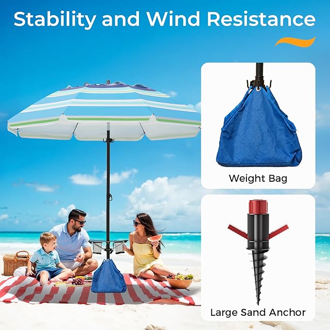 HOMEDEMO 8FT Large Beach Umbrella with Weight Bag & Sand Anchor, Outdoor Umbrellas with Adjustable Aluminum Pole and Table, Heavy Duty Windproof & UPF 50+