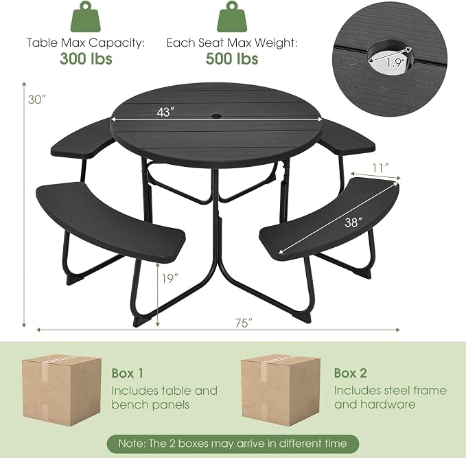 Giantex Picnic Table Set for Up to 8 Persons, Round Outdoor Table and Bench Set with Umbrella Hole, HDPE Top & Metal Frame, 2000LBS Capacity, Patio Table Bench for Deck Backyard Garden (Black)