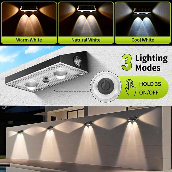 Solar Fence Lights Outdoor 6 Pack CCT Warm White Cool White 3-Way Solar Deck Lights IP65 Waterproof Fence Light for Outside Stairs Backyard