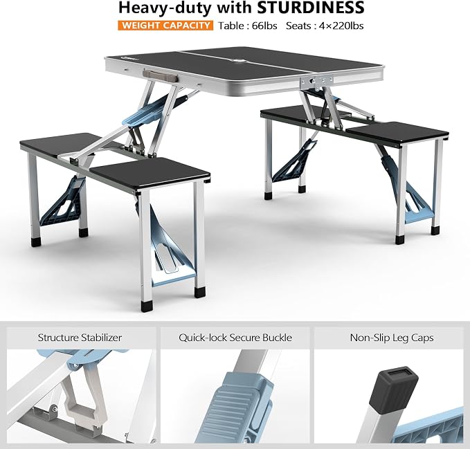 VINGLI 4Ft Portable Folding Picnic Table Camping Table Foldable Set with 4 Seats with Umbrella Hole Suitcase Card Table-220 Lbs Support Aluminum Frame, Plastic RV Tabletop for Yard, Travel-Blue