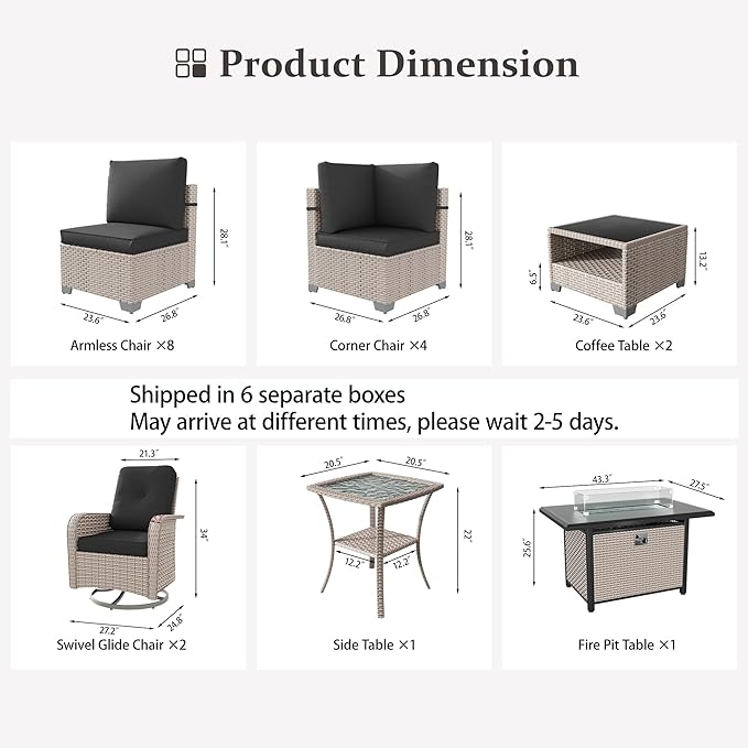 18 Pieces Patio Furniture Set with Fire Pit Table, Outdoor Sectional Wicker Sofa with Thick Cushions, High Back Swivel Rocker Patio Chairs, Rattan Conversation Set with Coffee Table, Black