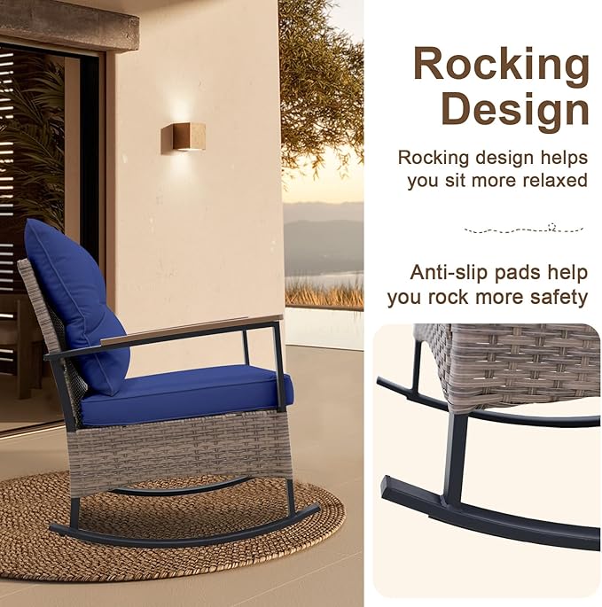 EAGLE PEAK 3 Piece Mojave Dusk Outdoor Conversation Set, Patio Wicker Furniture, 2 Rocking Chairs and Side Table, Light Brown/Blue