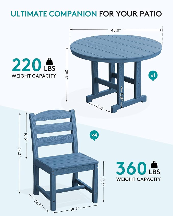 SERWALL 6-Piece Patio Dining Sets, HDPE Outdoor Table and Chairs Furniture Set with Umbrella, 45" Round Dining Table & 4 Armless Dining Chairs & 1 9FT Umbrella, Navy(Not Include Umbrella Base)