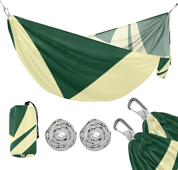 Abstract Art Green Beige Outdoor Hammock with Portabl Carry Bag Indoor Hammock for Outside Patio Backyard Poolside