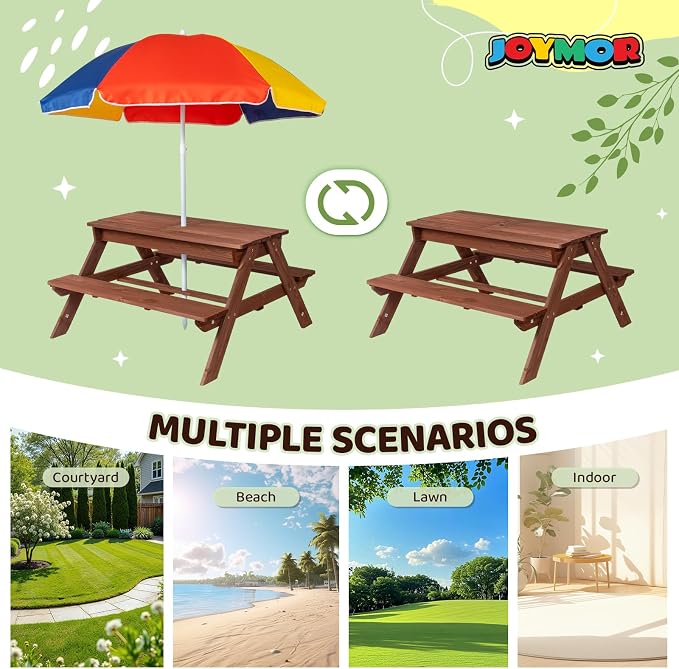 JOYMOR 4-in-1 Kids Picnic Table w/2 Sensory Bins, Cedar Wooden Sand & Water Table with Height Adjustable Umbrella, Wooden Kids Outdoor Picnic Tables for Garden, Backyard, Patio Furniture(Walnut)