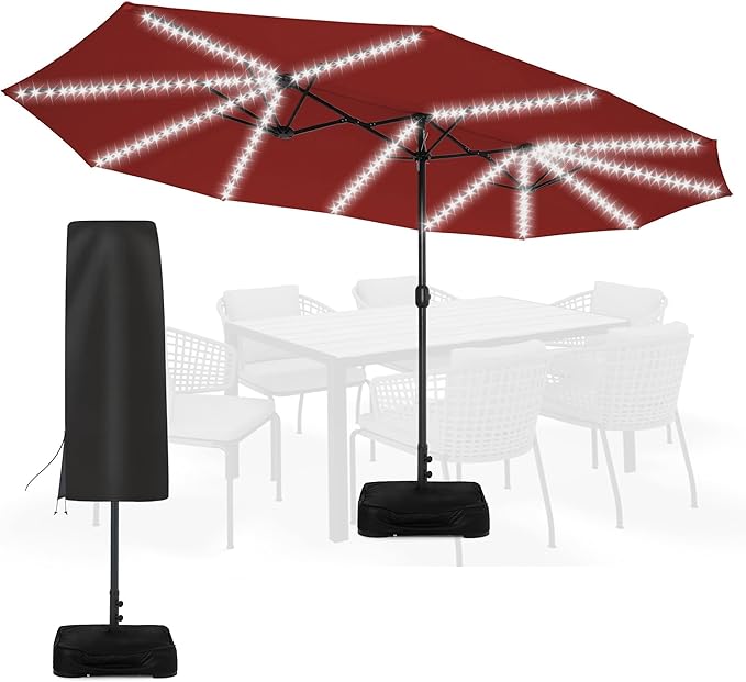Sundale Outdoor Solar 144 LED 15 ft Patio Umbrella with Sandbag Base Included and Cover, Outdoor Double-Sided Umbrella with Lights
