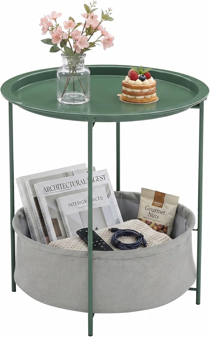 VECELO Round Side/End Table with Fabric Storage Basket，Metal Anti-Rust and Waterproof Small Bedside Nightstand with Removable Tray Top for Living Room，Balcony & Laundry，Dark Green /1pcs with Basket