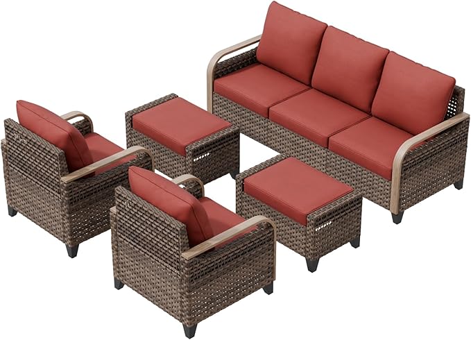 COOS BAY Modern Wicker Outdoor Furniture Set, 5 Piece Patio Conversation Set with 2 Patio Chairs, a 3 Seat Couch and 2 Ottomans, 5 Piece, Brown/Red