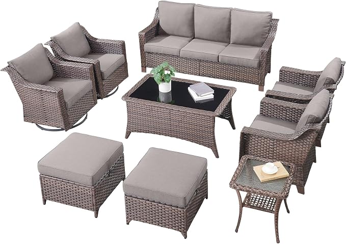 Outdoor Patio Furniture Set-Rattan Wicker Coversation Set with High Back Couch Swivel Glider Chair with Ottomans Outdoor Furniture for Porch Garden Backyard Poolside-Brown/Grey