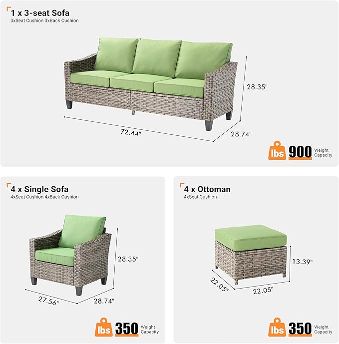 9 PCS Outdoor Patio Furniture Set, All-Weather Rattan Wicker Conversation Group with Deep Seating, High Back Comfort for Porch, Backyard, Green