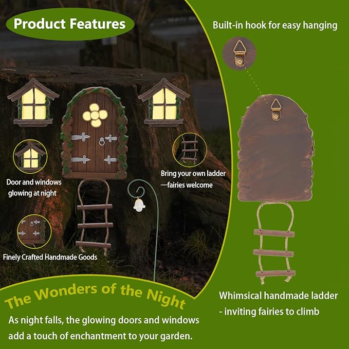 Fairy Door and Windows for Trees Outdoor, Glow in The Dark Fairy Doors Miniature Fairy Garden Accessories, Yard Art Sculpture Decoration Fairy Garden Decor with Lantern for Outside, Patio (Ladder)