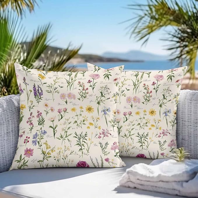 Throw Pillow Covers 24x24 Inch Set of 2, Botanical Garden Florals Waterproof Outdoor Pillow Covers, Spring Watercolor Wildflowers Decorative Cushion Pillowcases for Couch, Sofa, Bed, Garden, Patio