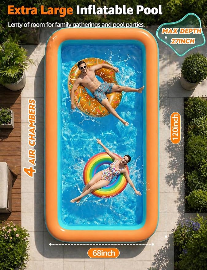 Large Inflatable Pool for Adults - 120" X 68" X 27" 4-Layer Full-Sized Swimming Pool Ideal for Backyard Garden Outdoor Easy Setup Perfect for Family Blow up Pool