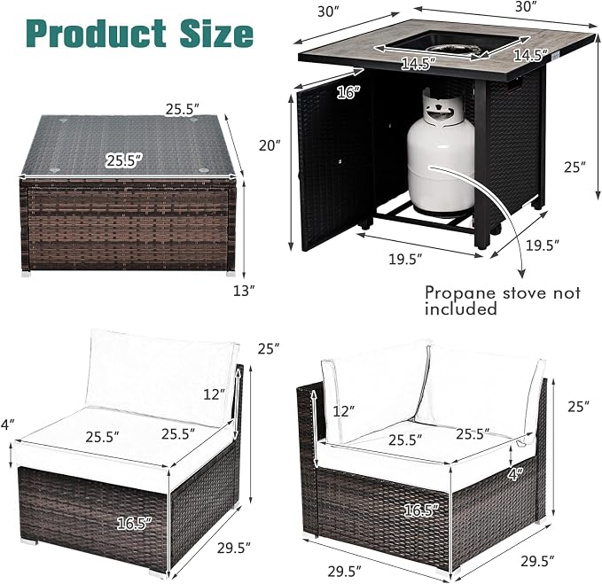 Tangkula 7 Piece Patio Furniture Set with Fire Pit Table, Patiojoy Outdoor PE Wicker Conversation Sectional Sofa Set with 30 Inches 50,000 BTU Propane Fire Pit Table, Waterproof PVC Cover (Brown)