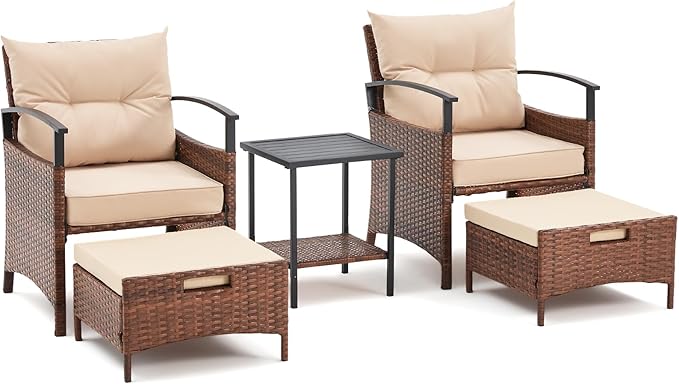 AVAWING 5 Pieces Patio Furniture Set, Outdoor Rattan Chairs with Metal Coffee Table, Ottomans & Soft Cushions, Wicker Conversation Bistro Set for Garden, Deck, Balcony, Poolside(Beige)