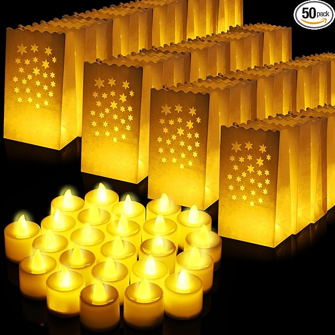 Sabary 50 Sets Luminary Bags with Flameless Tea Lights Outdoor Luminaries LED Lantern Candle Bags for Wedding Birthday Ramadan Christmas Party Decorations Romantic Decor(Star)