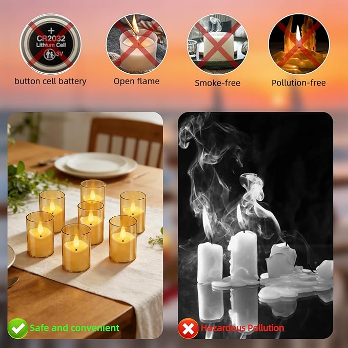 Rechargeable Acrylic Flameless LED Tea Lights with Timer, Flickering Warm Glow Votive Candles, Remote Battery Operated Set for Holiday & Daily Table Decor (Set of 6, Amber)