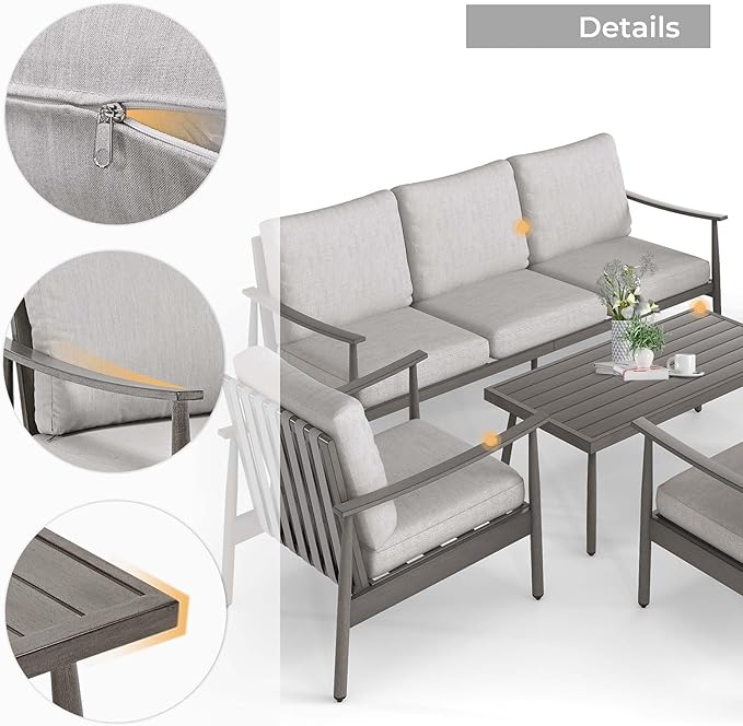HAPPATIO Outdoor Furniture Set - 5 Piece Aluminum Patio Conversation Set with 1 Coffee Table, 2 Armchairs, Loveseat and 3-Seat Sofa, Aluminum Patio Furniture Set for Backyard Deck Poolside (Grey)