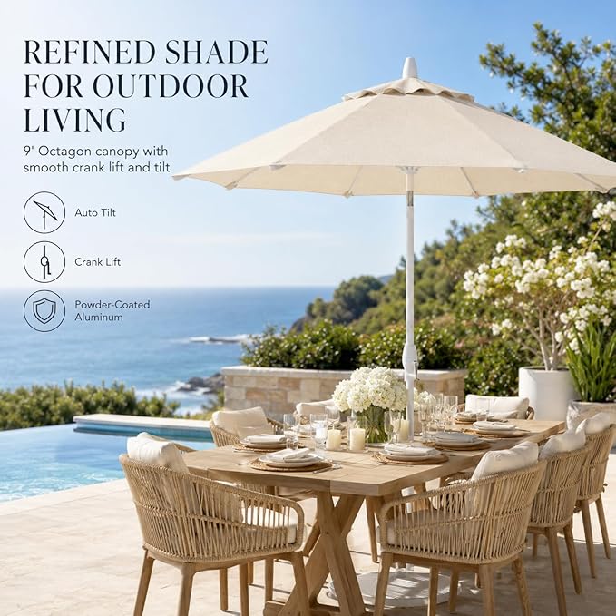 Treasure Garden 9ft Patio Umbrella - Outdoor Furniture Market Umbrella – Deluxe Auto-Tilt – White Aluminum Frame (Sunbrella, Canvas)