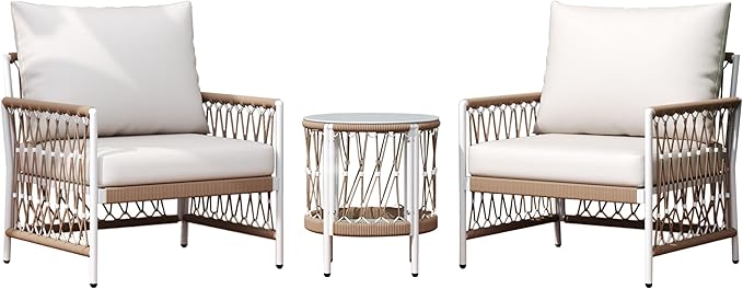 Christopher Knight Home Gwen 3-Piece Bohemian Outdoor Patio Furniture Set, Set of 2 Lounge Chairs with Cushions & Glass Top Side Table, Patio Conversation Set for Garden, Poolside, Beige + Natural