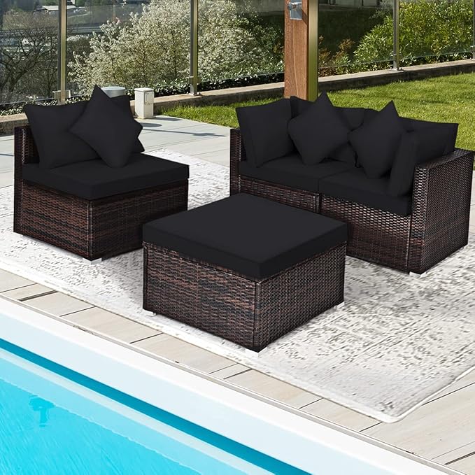 HAPPYGRILL 4-Piece Patio Conversation Set Outdoor Wicker Sofa Set, Modern Sectional Couch Set with Washable Cushions & Pillows, All Weather PE Rattan Patio Furniture Set