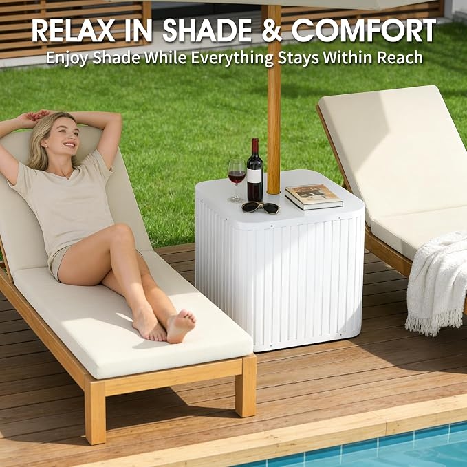BoYata Outdoor Umbrella Side Table, 2-in-1 Outdoor Side Table with Umbrella Hole, 15.9 Gallon Fillable Umbrella Stand Base, Fit Up to 1.5" Pole, Square Patio Side Table for Poolside, Deck, Matte White