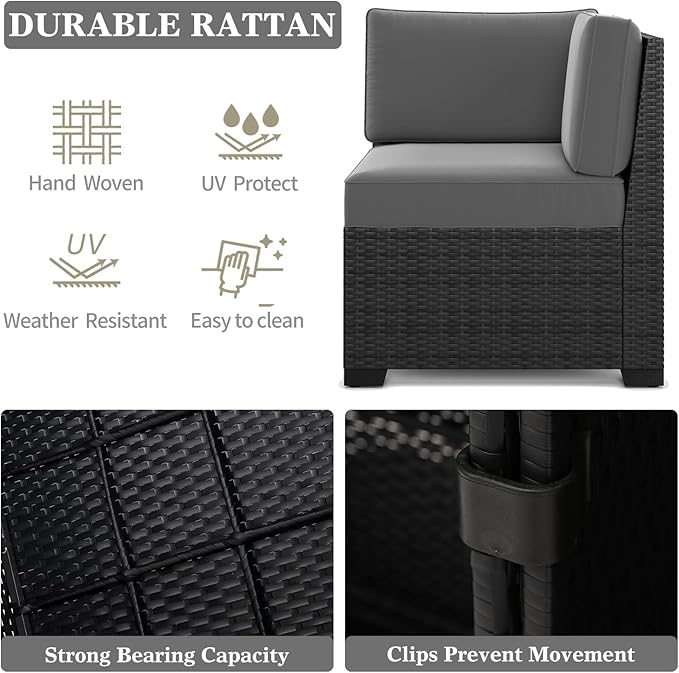 LayinSun 7 Pieces Patio Furniture Set with Fire Pit Table, Black Rattan Modular Sectional Patio Conversation Sofa Set