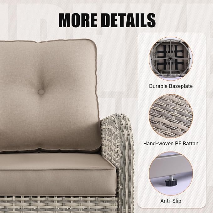 10-Piece Outdoor Patio Furniture Set with Swivel Rocking Chair, Outdoor Sectional Sofa with 55,000 BTU Fire Pit Table PE Wicker Rattan Patio Conversation Set with Coffee Table, Khaki