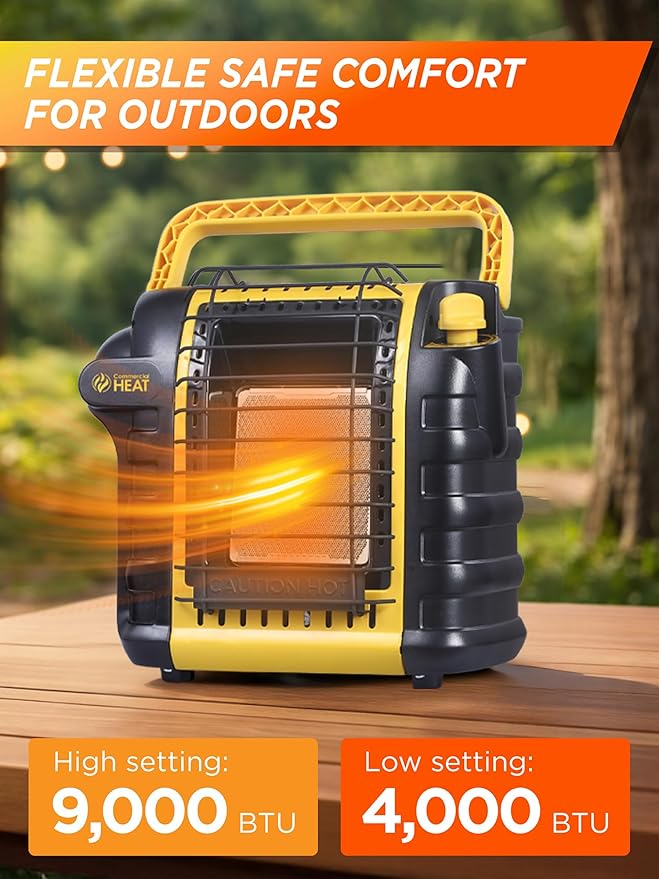 9000 BTU Portable Propane Heater for Outdoor Use, Patio Heater for Up To 300 Sq. Ft., 2 Heat Settings, Swivel Regulator Connects to 1 lb. Propane Tank, CHP9000Y, Yellow
