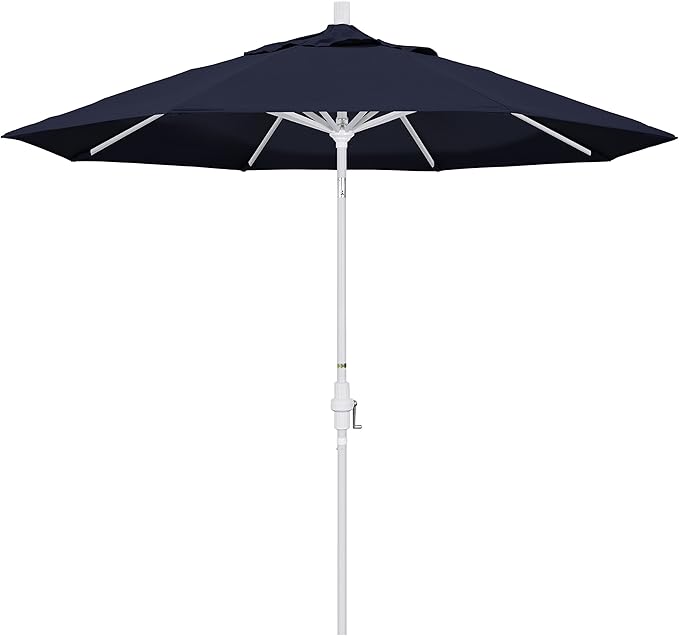 California Umbrella 9' Round Aluminum Market Umbrella, Crank Lift, Collar Tilt, White Pole, Pacifica Pacific Blue