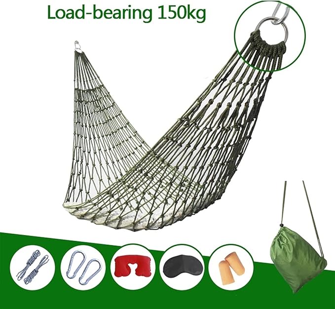 Camping Hammock, Garden Hammock Outdoor Cotton Hammock with Metal Ring，Portable Carry Bag and Hanging Straps for Patio Yard Beach Camping(Green)