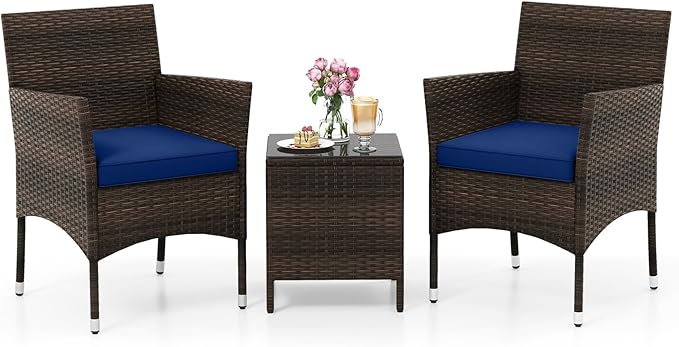RELAX4LIFE 3-Piece Patio Furniture Set - Rattan Wicker Outdoor Conversation Set w/Cushions & Glass Coffee Table, Balcony Furniture for Porch Garden Backyard, Bistro Table and Chairs Set of 2 (Navy)