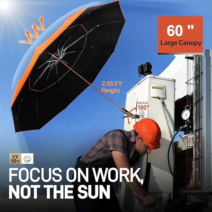 New 60" Folding Magnetic Umbrella,Designed for Outdoor Work,600lb Strong Suction Hvac Umbrella With Magnetic Base & Clamp,2-in-1 Sun & Rain Protection,180° Adjustable,Portable for HVAC(Orange)