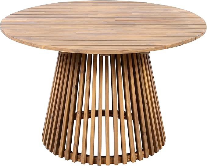 roomfitters 47.25" Round Outdoor Dining Table, Slatted Pedestal Base Acacia Wood Patio Table for 4-6 People, Light Teak