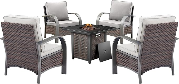 HUMMUH Patio Furniture Set with Fire Pit Table-Patio Chairs Set of 4 Outdoor Wicker Chairs for Deck Porch Garden Poolside Backyard-Brown/Beige