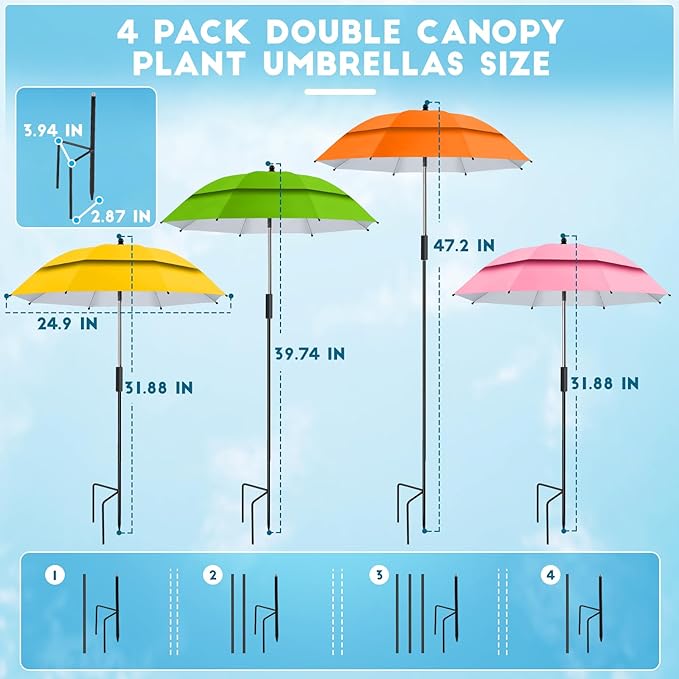 4 Pack 24.9" Double Canopy 47.2" Height Plant Umbrellas for Outdoor Plants, 3D Stakes 360° Adjustable Plant Shades for Outdoor Plants, Garden