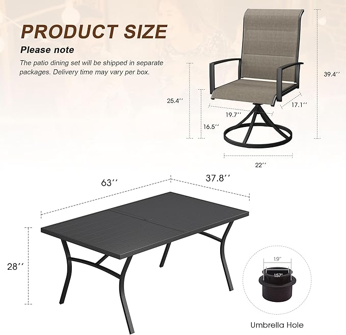 VICLLAX 7 Pieces Outdoor Dining Set, Patio Furniture Set Includes 63" Rectangular Metal Table W/ 1.9" Umbrella Hole and 6 Padded Textilene Swivel Chairs for Porch, Lawn, Garden, Backyard