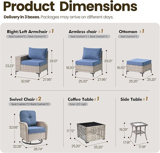 8-Piece Wicker Outdoor Sectional Furniture, Wide Armrest Patio Couch with Swivel Rocking Chair Ottoman Solar Table, Modular Sofa Rattan Conversation Sets for Backyard Deck Garden, Denim Blue