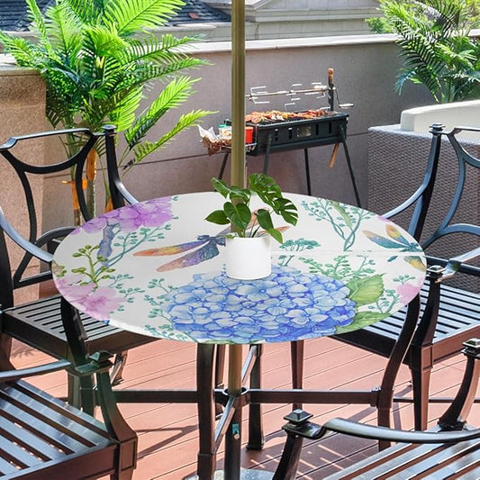 Fitted Round Tablecloth with Umbrella Hole and Zipper Flowers Hydrangeas Outdoor Elastic Table Cloth 36"-44" Oil-Proof Waterproof Dragonflies Patio Table Cover for Picnic Party