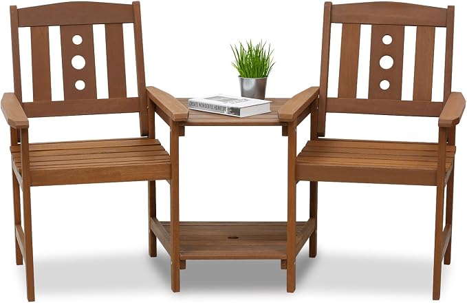 Furinno TIOMAN Outdoor Dining Set, 2-Seater Wood Patio Set, Chairs for 2 & Side Table, with 2-Tier Shelf and Umbralla Holes, for Patio, Garden, Porch, Light Wood