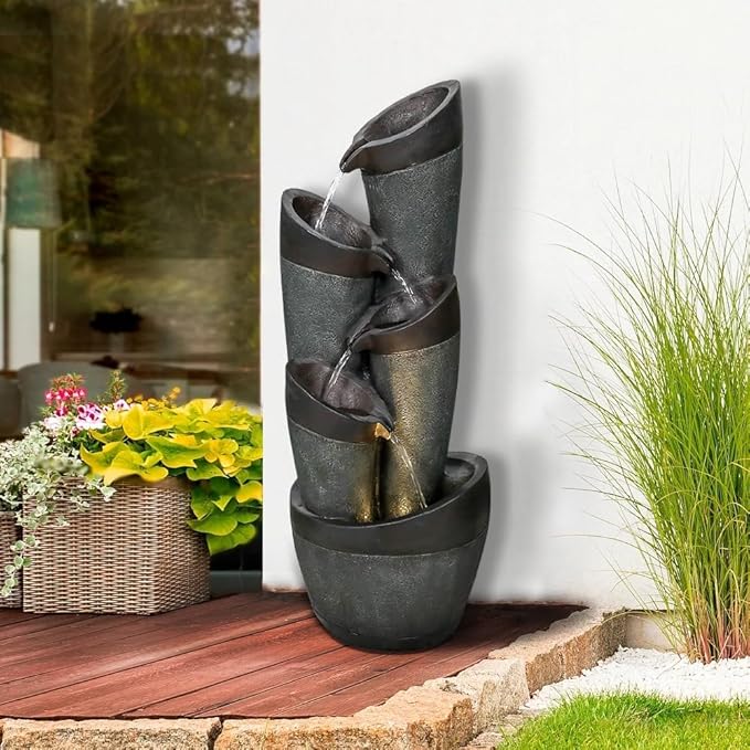 39.3" Indoor/Outdoor Garden Water Fountain with LED Lights, Pillars & Irregular Bowl Floor-Standing Fountain, 5-Tiers Cascading Waterfall Feature for Home Garden Decor