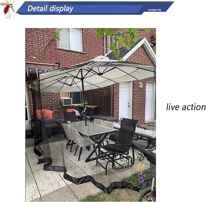 Mosquito Netting For 13/14/15FT Patio Umbrella Double-Sided, Screen Walls Zipper Double Door Black